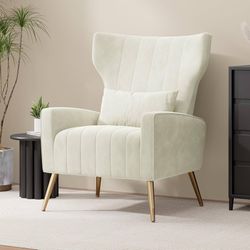 Beige Velvet Wingback Accent Chair