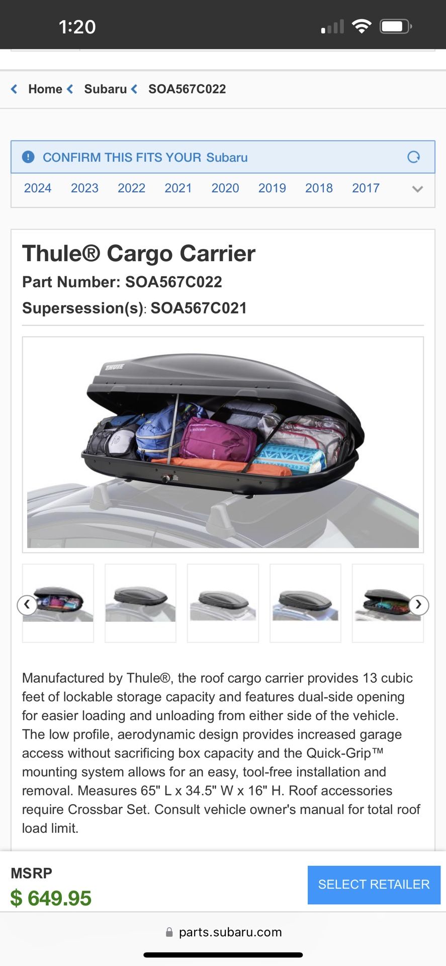Thule Cargo Carrier Part Number SOA567C022 for Sale in Federal Way, WA