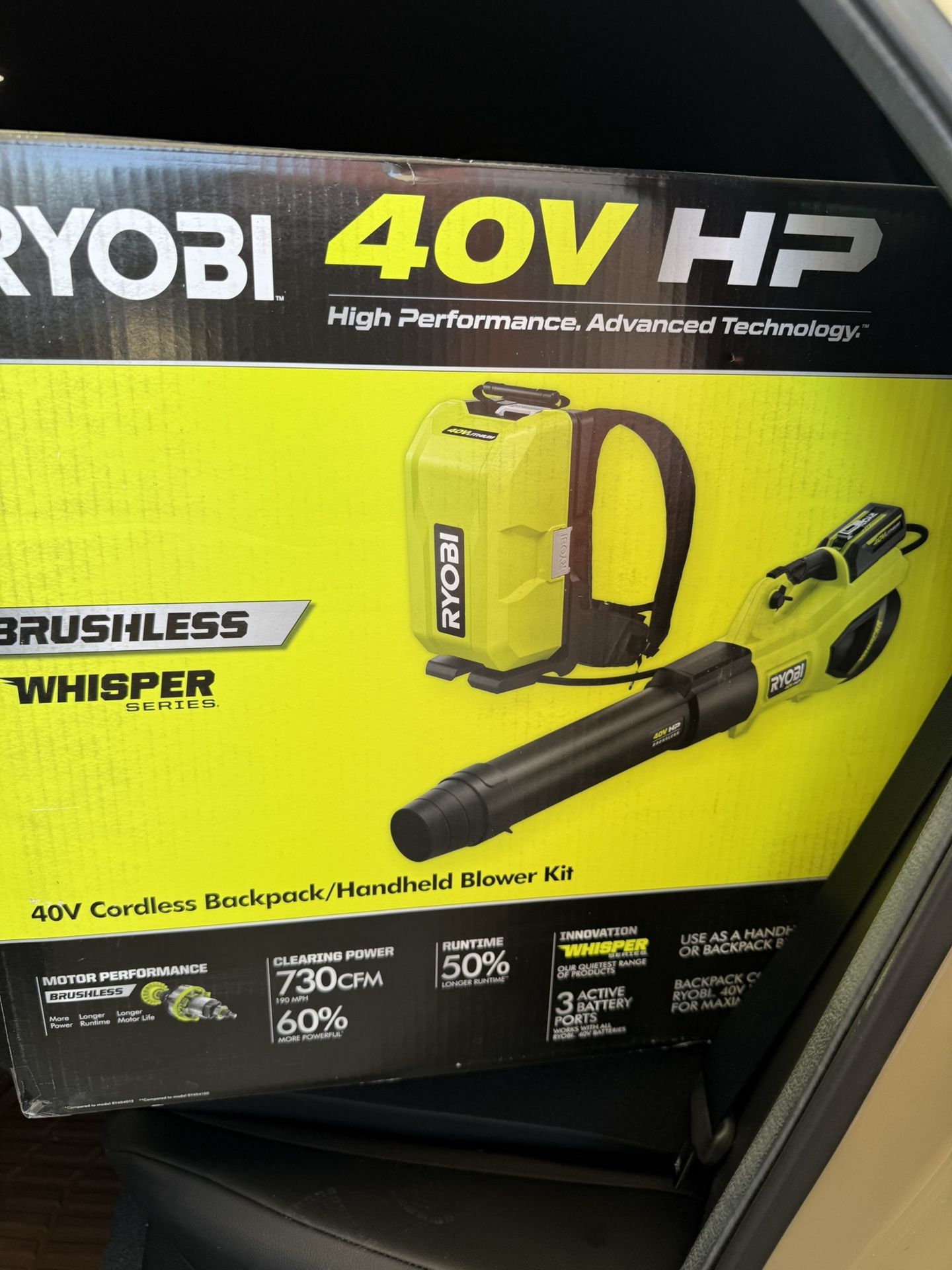 Ryobi 40V HP Brushless Whisper Series 190 MPH 730 CFM Leaf Blower and Backpack Battery w/ (2) 6.0 Ah Batteries & Charger