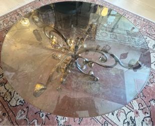 Vintage Hollywood Regency Glass Top Round Coffee Table with Iron Base - 30x17