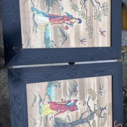 Vintage Mid-Century Chinoiserie Wall Art Pair – Signed André – Asian Inspired Decor – Male & Female Figures – Large Framed Art
