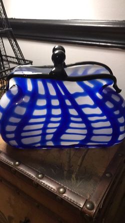 Art Glass Accent of Handbag Deco.Crystal in White with Blue stripes.