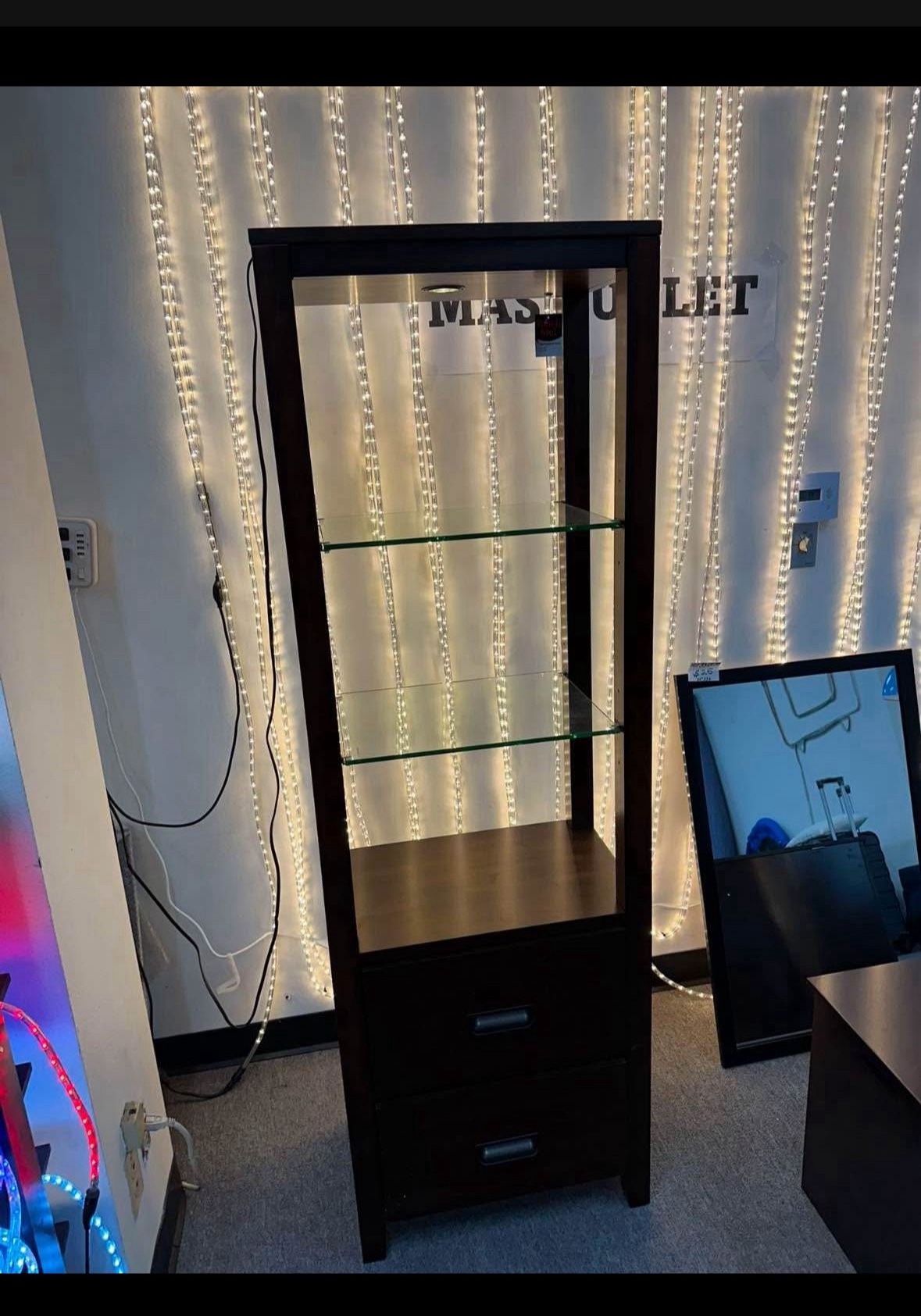 New 22"W*14.1"D*68.6" Wooden Display Cabinet with Light Book Shelves