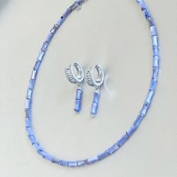 Natural Hematite & Freshwater Shell necklace set with Rhodium Plated Earrings - blue & silver