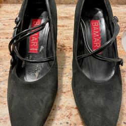 Bamar Black/Dark Gray Suede Leather Cross-Strap Pointed Toe Heels Pumps, Italy, 40/9.5
