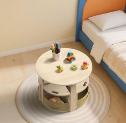 New Table and Chair Set with 4 Storage Stools, Round Shaped Nesting Design, Activity Table for Play/Art/Reading/Craft, Natural