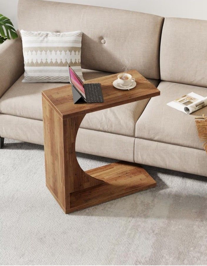 End Table for Couch, Sofa Side Table, C Table for Small Space, Living Room, Bedroom (2, Walnut Brown