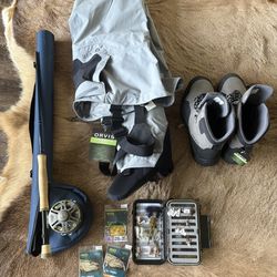Brand New orvis Clearwater Waders And Boots. 9wt Fly Rod And Assortment Of If Freshwater Flies