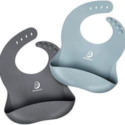  Silicone Bibs for Babies, Soft Adjustable Fit Waterproof Bibs, Feeding Bibs with Food Catcher Pockets for Girls Boys