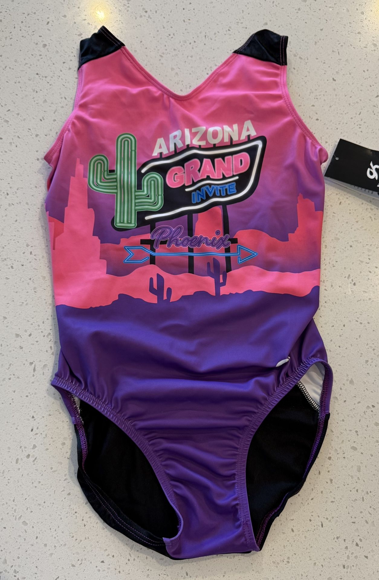 NEW GK Elite Team Gymnastics AZ Arizona Leotard Size (See Picture Chart) AM Pink Black Sleeveless Dance Girls Competition Colorful Cheer