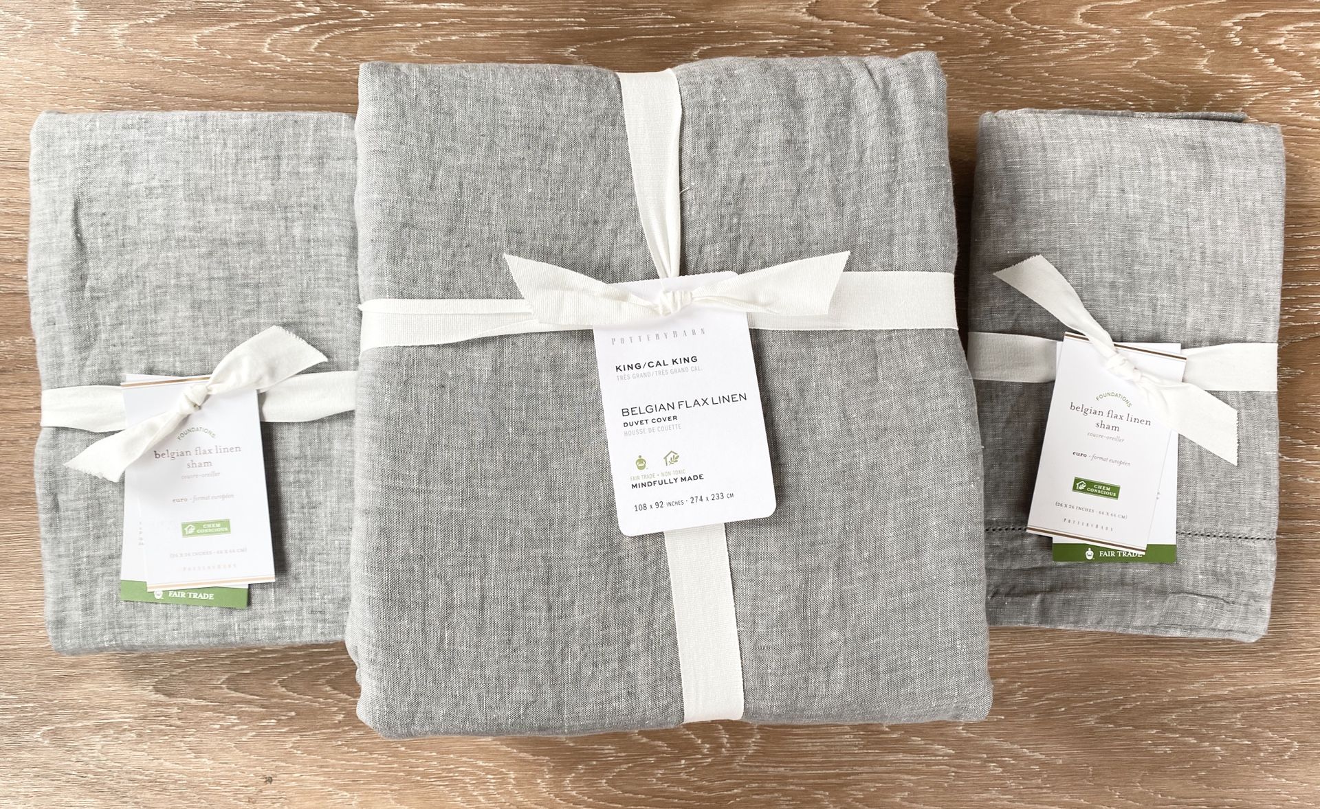 Pottery Barn King/California King Belgian Flax Linen Duvet Cover and Euro Shams in Soft Gray, NWT. Retail $479 *Reduced