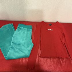 Girls Christmas Red Merry Long sleeve top & Green Velvet Pants Set - kids Size Small 7 - Simi
