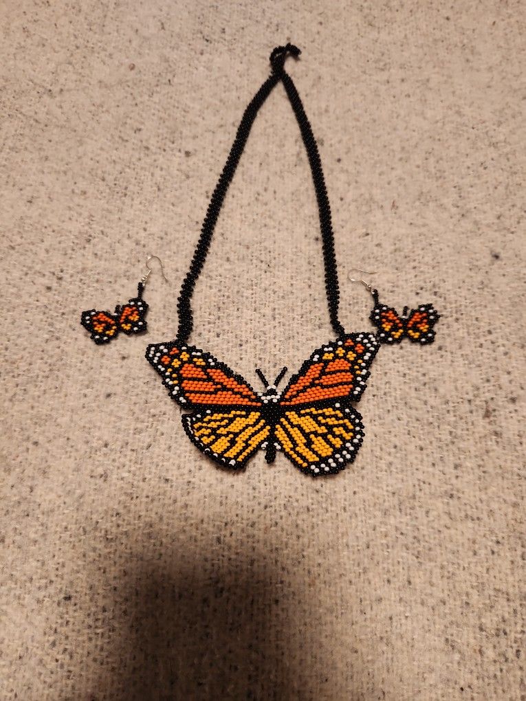 Monarch Butterflies Huichol necklace and earring set