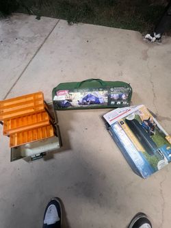 Tent, air mattress, and tackle box