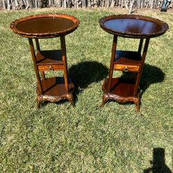Pair of Vintage 2-Tier Wooden Side Tables with Drawer - French Provincial