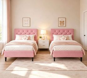 Set of Two Twin Bed Frames with Button Tufted Headboard, Pink Linen Upholstered Platform Bed,Fabric Bed Frame with Wooden Slats Support, No Box Spring