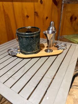 Vtg Ice Bucket Stainless Steel Shaker & Martini Glass Wood & Stainless Handle Serving Tray OBO