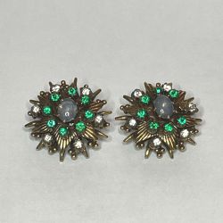 Set of 2 Starburst Pins Vintage Brooches Gold-Tone Green Rhinestone