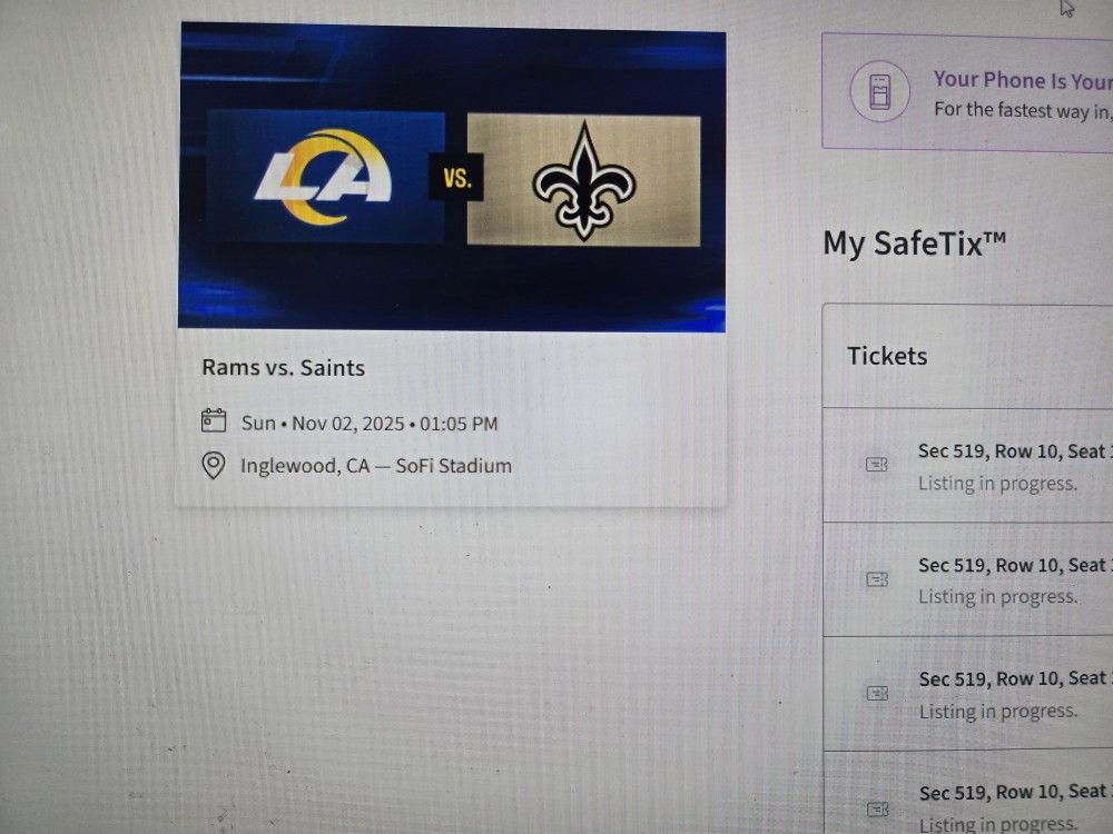 4 Tickets RAMS Saints Sunday $240