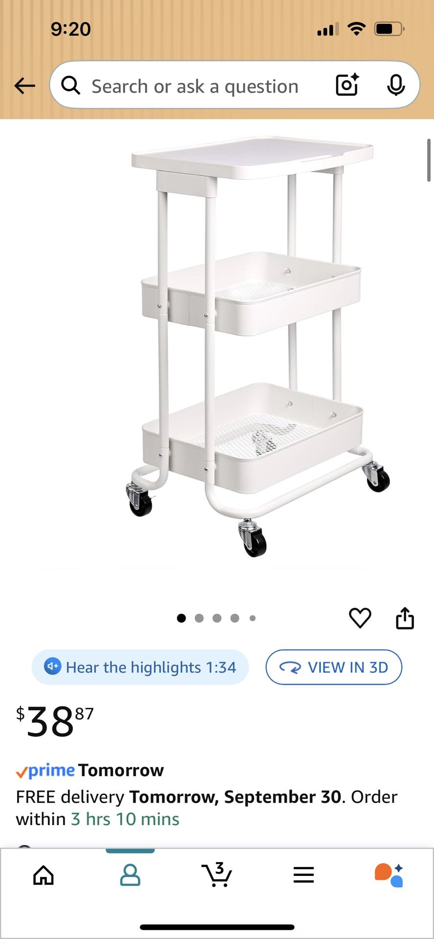 Amazon Basics 2-Tier Metal Kitchen/Utility Cart with Shelf, White