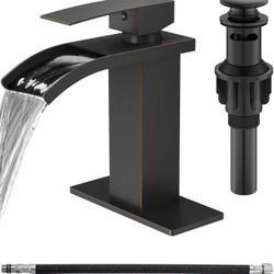 Waterfall Bathroom Faucet 1 Hole, Single Hole Bathroom Faucet, Single Handle Vanity Sink Faucet with Deck Plate, Pop-up Drain & Supply Lines, Oil Rubb