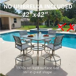1970s Vintage Patio Set – 42" × 42" Glass Table + 4 Swivel Stools