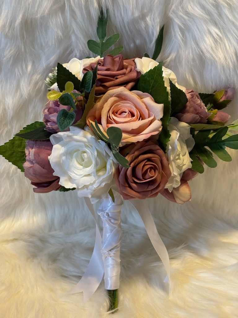 Wedding Bouquet Dusty Rose And Mauve, White Satin Ribbon Handle NEW