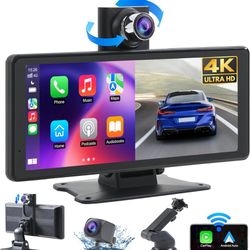 Wireless Car Stereo Carplay Screen with 4K Dash Cam, 8.1'' Portable 2K Touch Screen with 1080P Backup Camera, GPS Navigation for Car Play, Android Aut