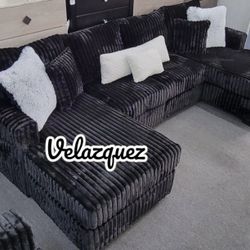 ✅️✅️3 pc black fur like jumbo corduroy fabric sectional sofa with double chaise✅️✅️