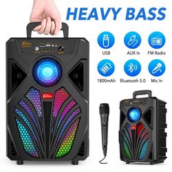8Inch Portable Bluetooth 5.0 Speaker, Party Speaker Stereo Subwoofer Heavy Bass Sound System with Colorful LED Lights and Mic, Black