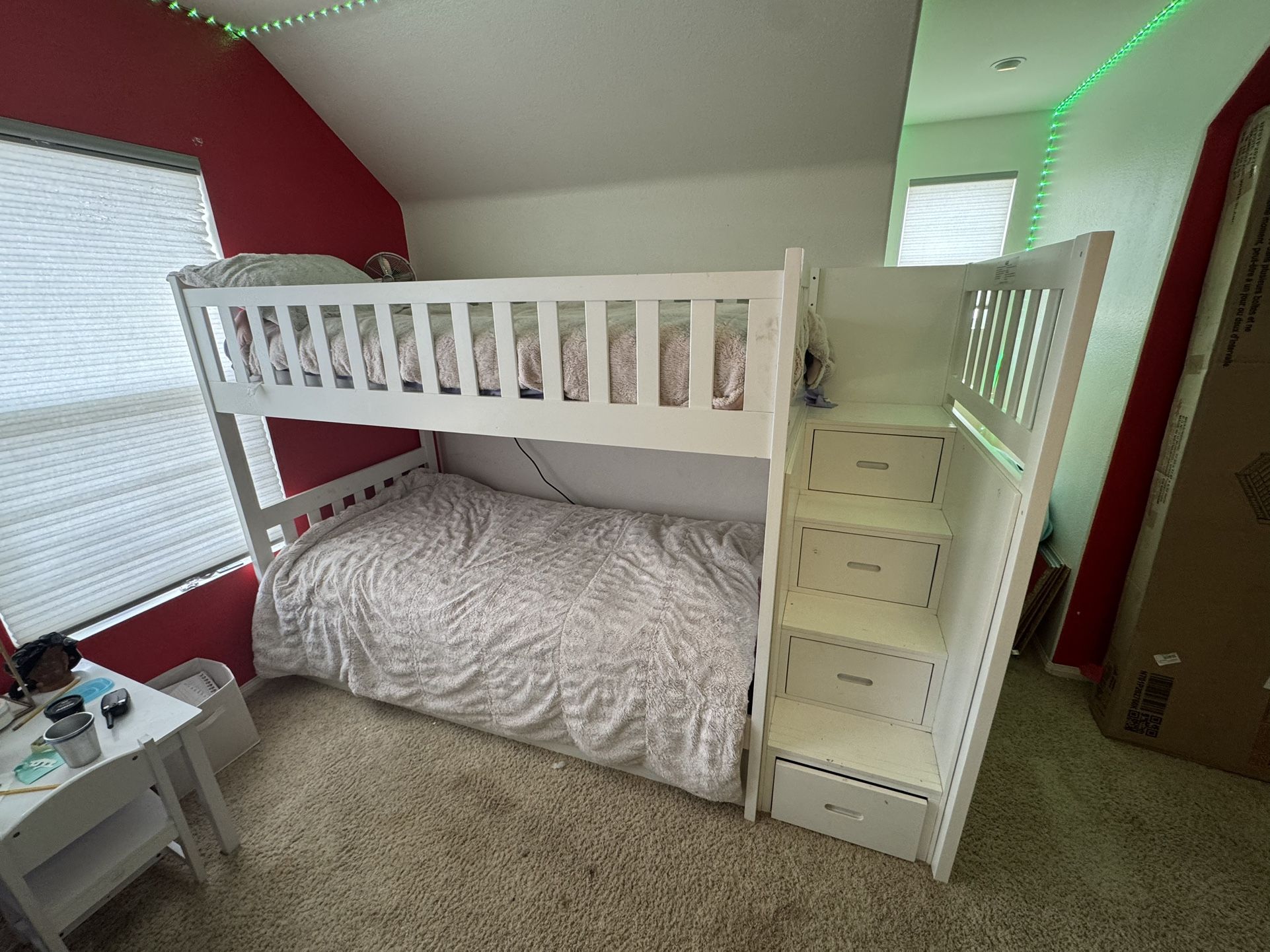 Kory White Wood Twin Over Twin Bunk Bed With Reversible Stairway Chest + Twin Trundle with Storage | Drawers - Sells New For $1200