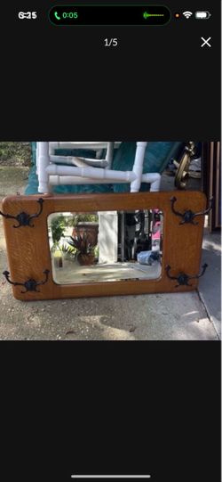Vintage Oak Wall Mirror with cast iron Coat Hooks