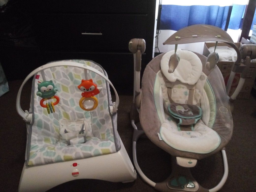 Baby items; Swing, bouncer, bath tub, mobile, & feeding pillow