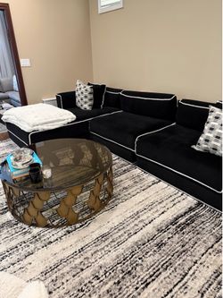Large black velvet with white piping sofa with chaise
