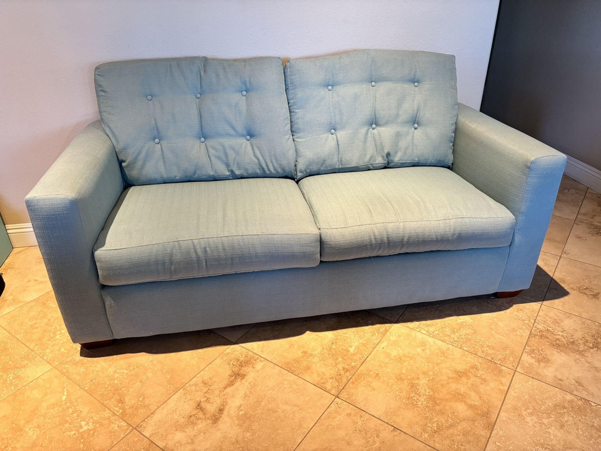 Apartment-Size Sofa Bed – Light Blue-Green, Good Condition