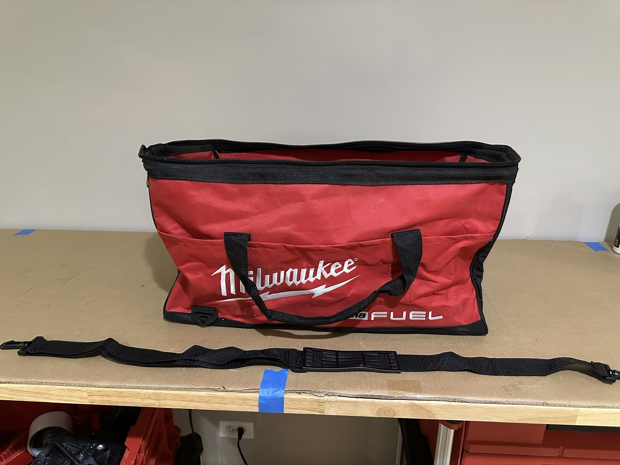 Large 22” Milwaukee M18 Fuel contractor tool tote bag, with shoulder strap.