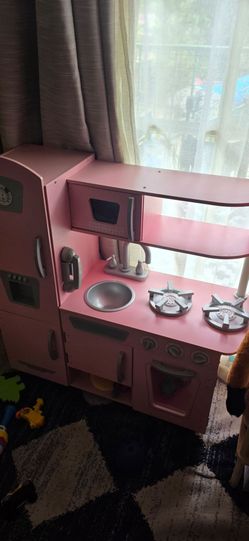 Pink Wooden Kids Play Kitchen Set
