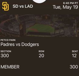 2 Tickets Padres vs Dodgers 5/19