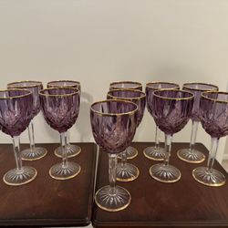 Purple Crystal Wine Glasses - Gold Rim