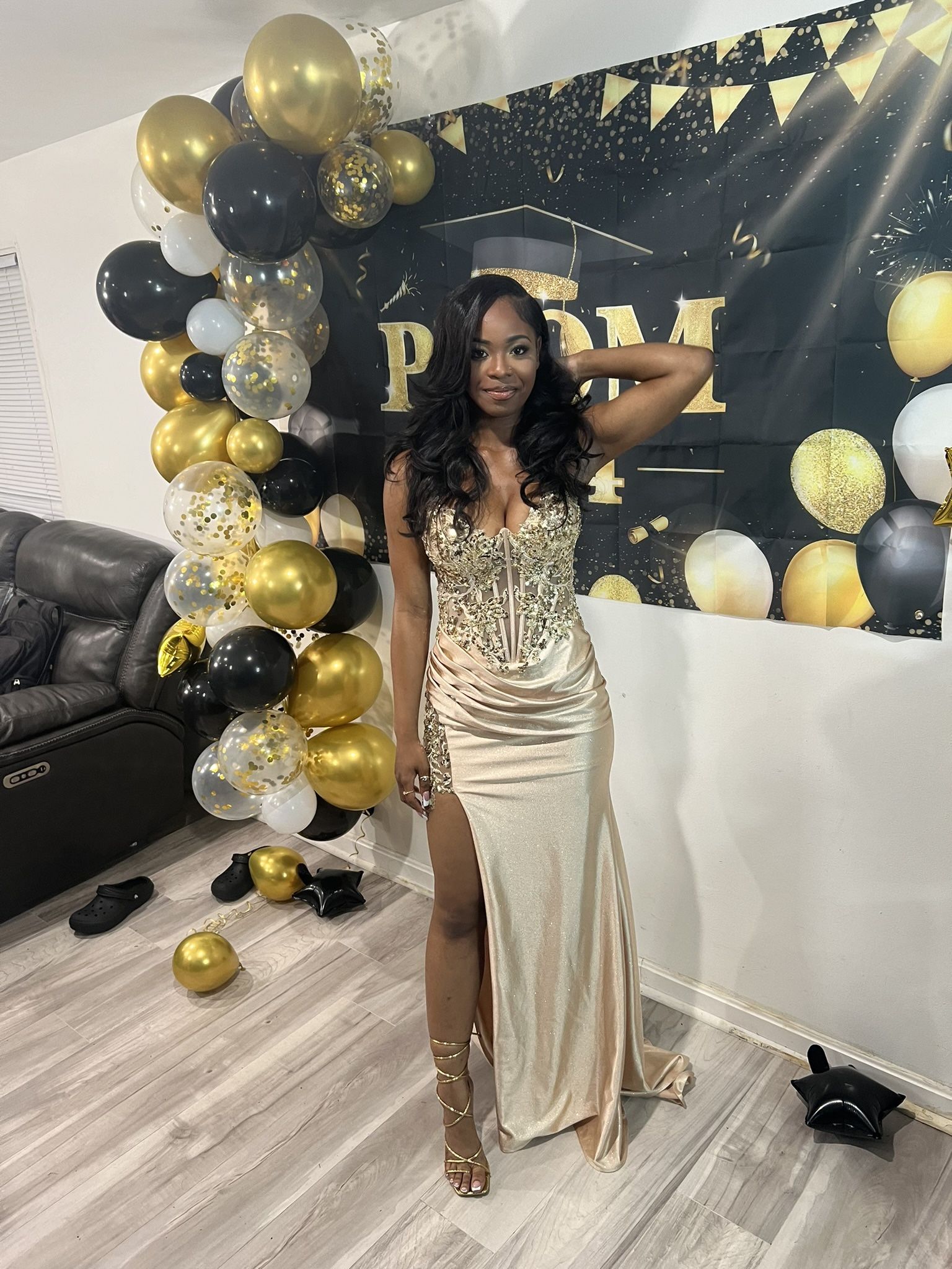 Golden Champagne Sequin and Glittery Prom Dress