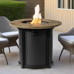 30 Propane Gas Fire Pit Table, 50000 BTU Round Steel Fire Pit with Imitation Wood Grain Finish for Outside Patio Deck Garden Backyard- Black