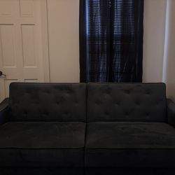 Dark Blue Velvet Futon Sofa Bed – Modern Convertible Couch