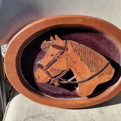 Beautiful vintage hand Carved thick wood on velvet Horse Head  wall plaque.