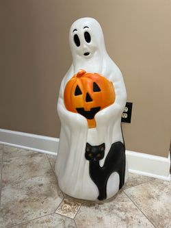 Vtg Halloween Ghost Blow Mold Pumpkin & Black Cat 34" Decor Light Up Empire