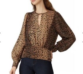 Good American Leopard Keyhole Shirt Blouse Brown Crew Neck Long Sleeves Size 3