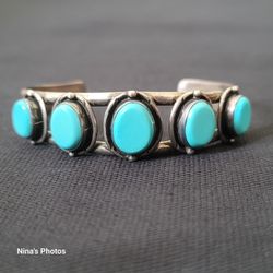 VTG Native American Sterling Silver Five Turquoise Stone Cuff Bracelet Unsigned 