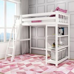 Gorgeous New White Solid Wood Max & Lily High Loft Twin Bed w/ Bookcase