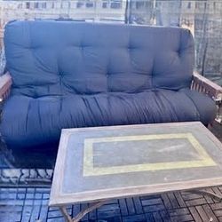 Wood Futon With Brand New Black Mattress