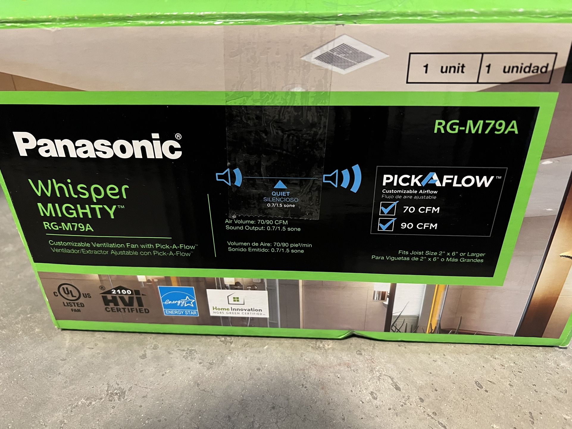 Panasonic Whisper Mighty Pick-A-Flow 70/90 CFM Ceiling/Wall Bathroom Exhaust Fan, Energy Star with 9 in. x 9 in. Grille Footprint