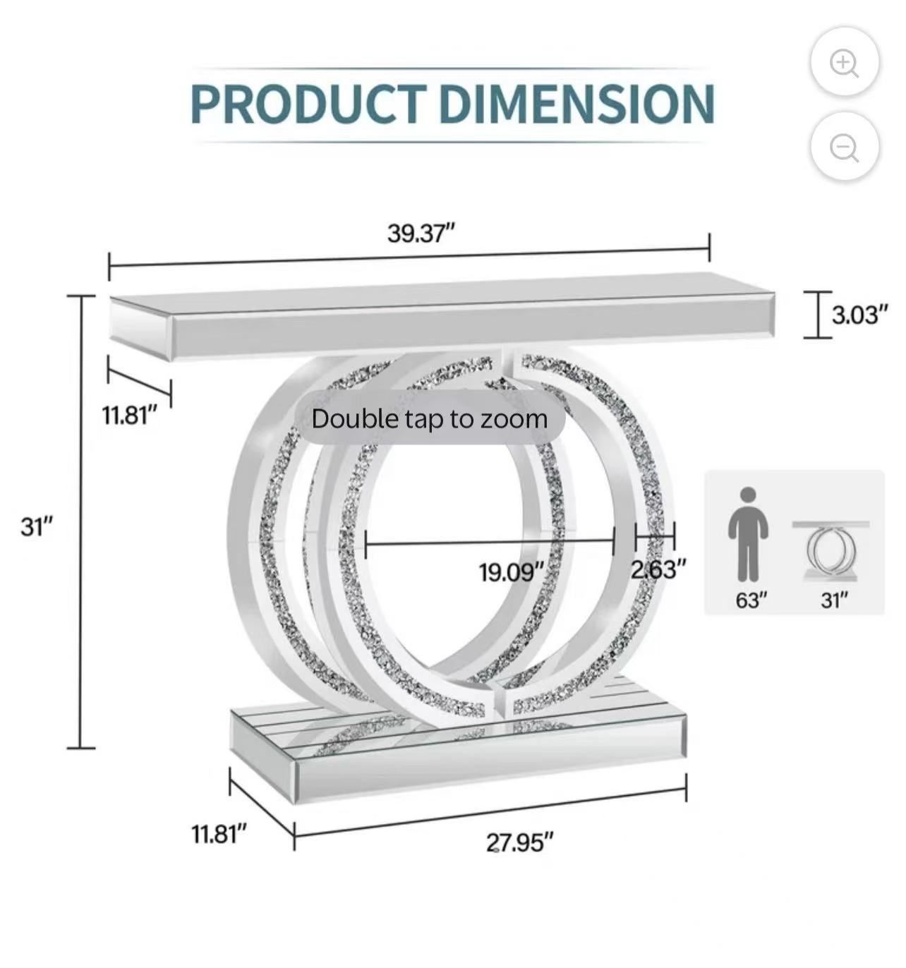 🥨Silver Mirrored Console Table with Crushed Diamond Inlay, 39.4'' Long Entryway Sofa Table, Double O-Shaped Base Modern Accent Narrow Table 